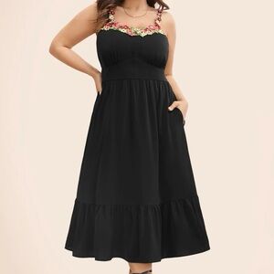 BloomChic 1X (14/16) Black Floral Ribbon Heart Neckline‎ Cami Dress NWT